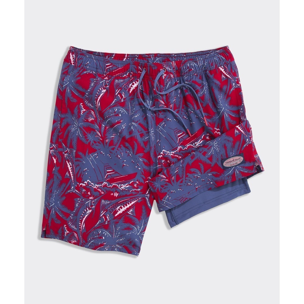 Vineyard Vines Lined Printed Chappy 7" Swim Trunks Red Blue Large New With Tags